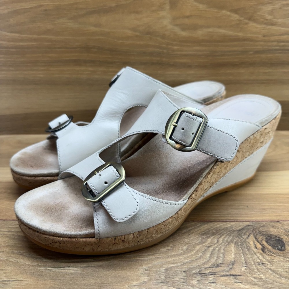 Dansko Carla Wedge‎ Sandals Womens 11 EU 41 Bone Leather Buckles Cork
